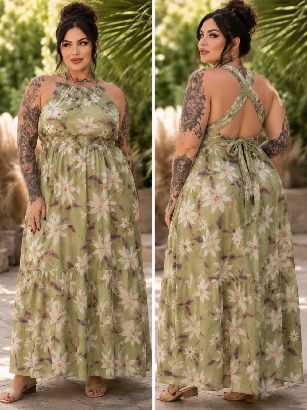 Jaase Sage Green Floral Maxi Dress Boho Halter Flowy Summer Wedding